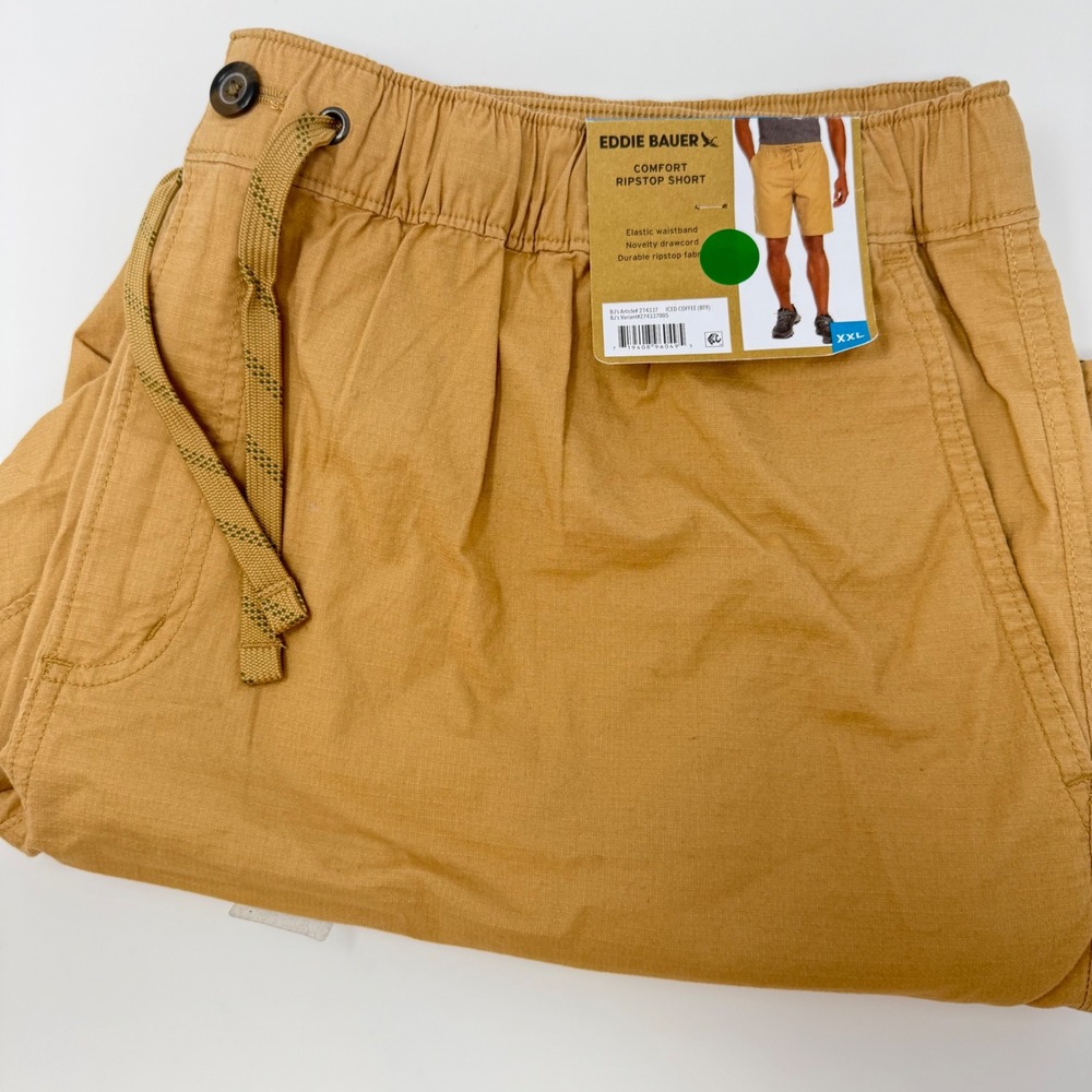 Eddie Bauer Men's Comfort Ripstop Shorts Khaki XXL Elastic Waist Drawcord‎ NEW